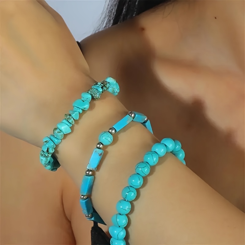 3pcs Turquoise Beaded Bracelets Bohemian Style Elastic Jewelry